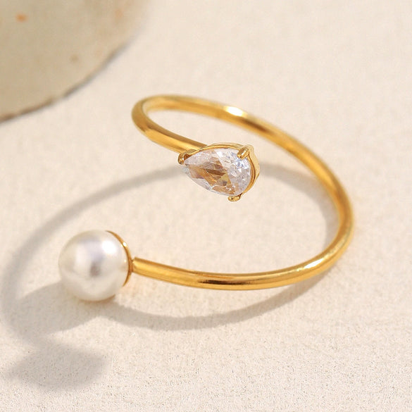 Wholesale Simple Asymmetrical Open Snake Ring For Women Stainless Steel 18K Gold Plated With Imitation Pearl Zircon Geometric Pattern