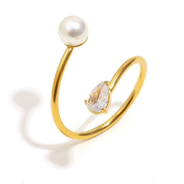 Wholesale Simple Asymmetrical Open Snake Ring For Women Stainless Steel 18K Gold Plated With Imitation Pearl Zircon Geometric Pattern