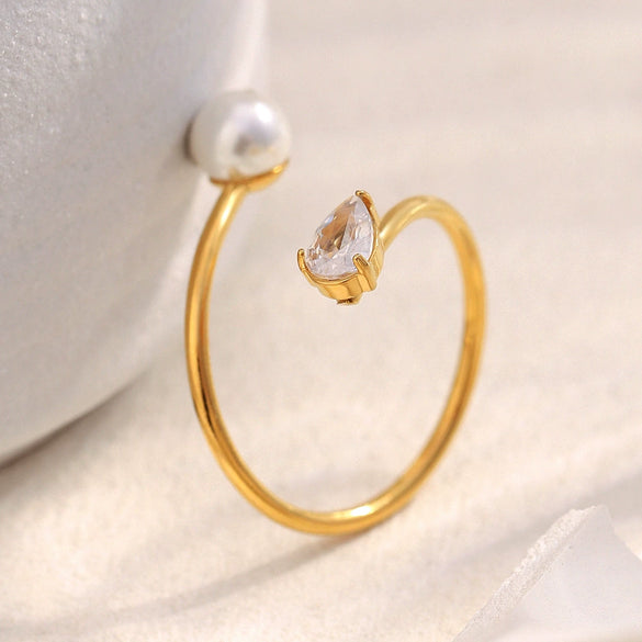 Wholesale Simple Asymmetrical Open Snake Ring For Women Stainless Steel 18K Gold Plated With Imitation Pearl Zircon Geometric Pattern