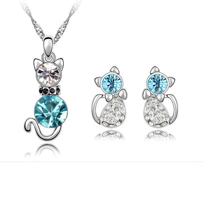 Wholesale Simple Cat Alloy Crystal Ear Stud Necklace Set