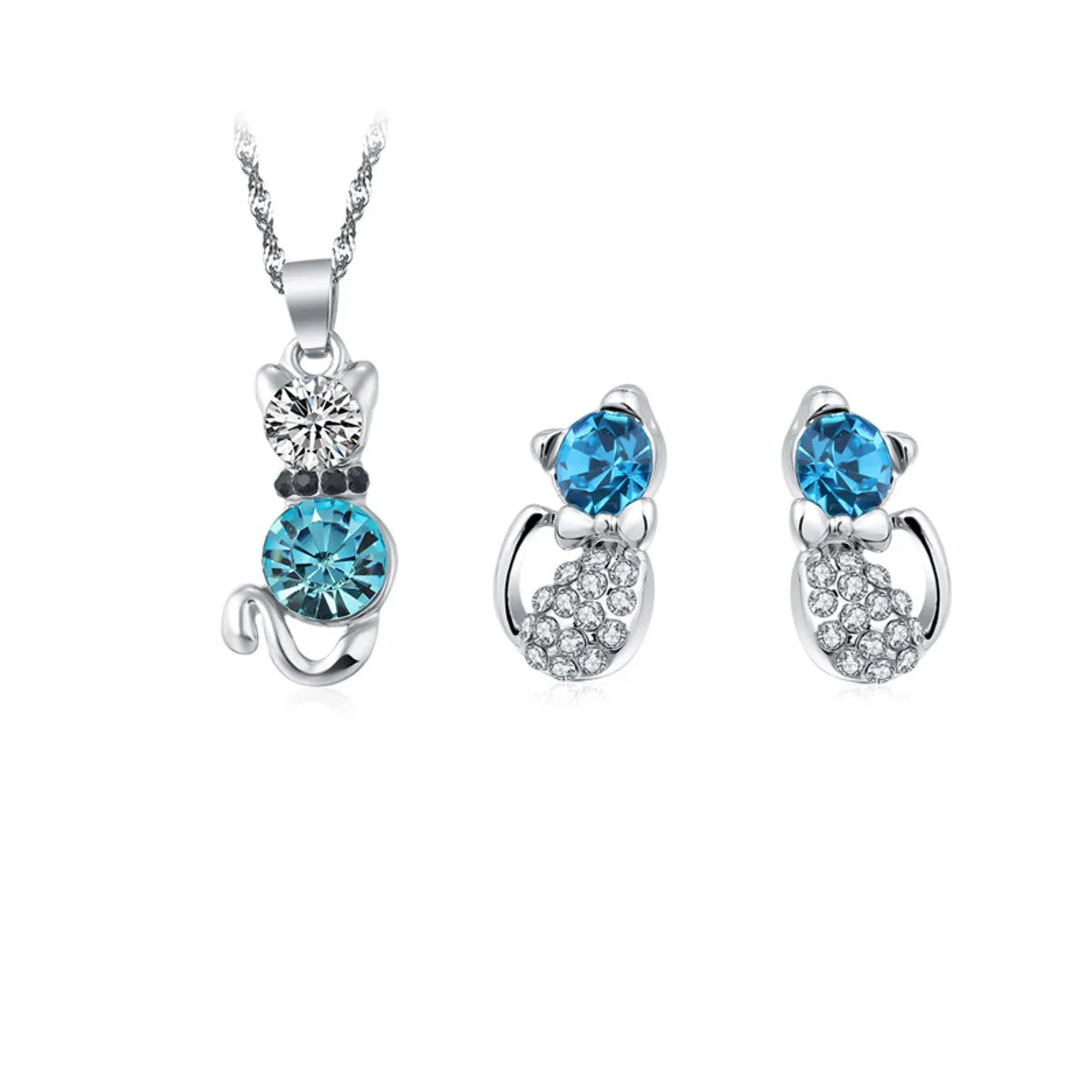 Wholesale Simple Cat Alloy Crystal Ear Stud Necklace Set