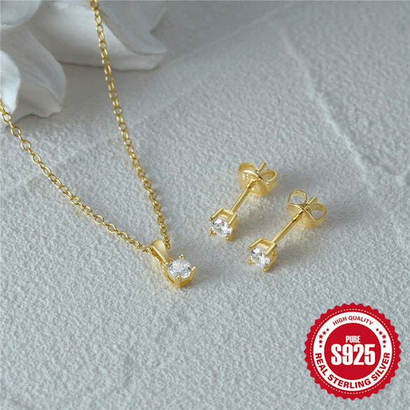 Wholesale Simple Classic S925 Sterling Silver Fourclaw Inlaid Zircon Earrings And Necklace Set With O Word Chain And Electroplating Design