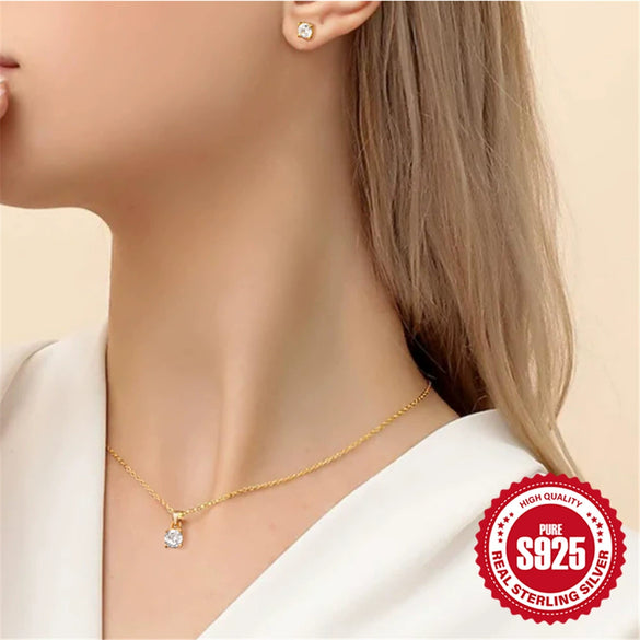 Wholesale Simple Classic S925 Sterling Silver Fourclaw Inlaid Zircon Earrings And Necklace Set With O Word Chain And Electroplating Design