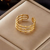 Wholesale Simple Cold Retro Three Layer Opening Design Bamboo Metal Titanium Steel Ring With Geometric Pattern Electroplated
