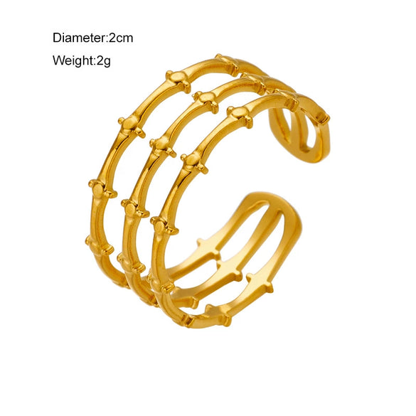 Wholesale Simple Cold Retro Three Layer Opening Design Bamboo Metal Titanium Steel Ring With Geometric Pattern Electroplated