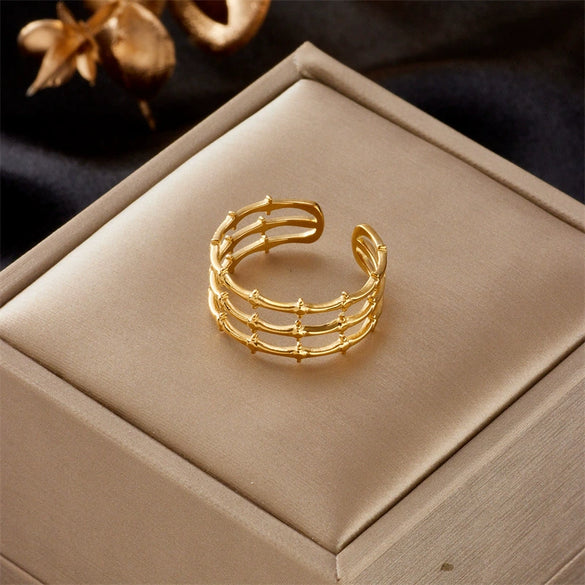 Wholesale Simple Cold Retro Three Layer Opening Design Bamboo Metal Titanium Steel Ring With Geometric Pattern Electroplated