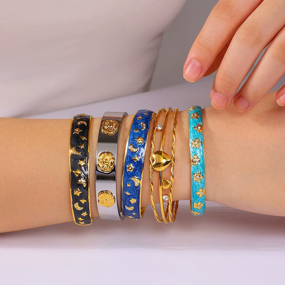 Wholesale Simple Cshaped Stainless Steel And 18K Oil Drop Star Moon Series Titanium Steel Bracelet With 18K Furnace Vacuum Plating No Fading
