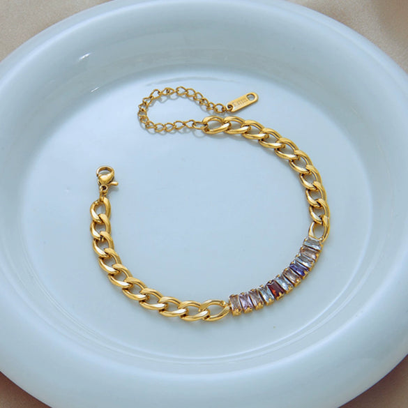 Wholesale Simple Design Colorful Transparent Long Row Diamond Titanium Steel Regular Chain Bracelet With Geometric Pattern And Electroplating Treatment