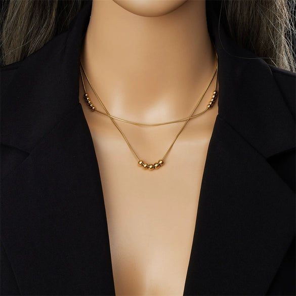 Wholesale Simple Double Layer Stacked Ball Beaded Snake Bone Chain Stainless Steel Jewelry Necklace With Geometric Pattern And Electroplating Treatment
