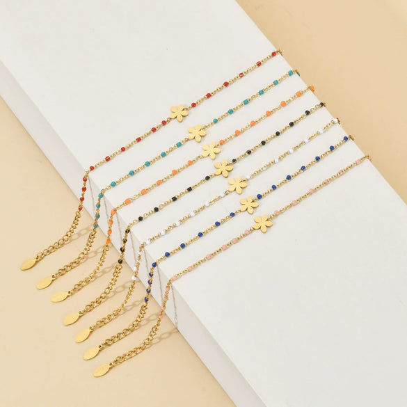 Wholesale Simple Drop Oil Rice Beads Bohemian Bracelet With Plum Blossom Pattern Stainless Steel Material Gold Plated