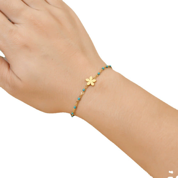 Wholesale Simple Drop Oil Rice Beads Bohemian Bracelet With Plum Blossom Pattern Stainless Steel Material Gold Plated