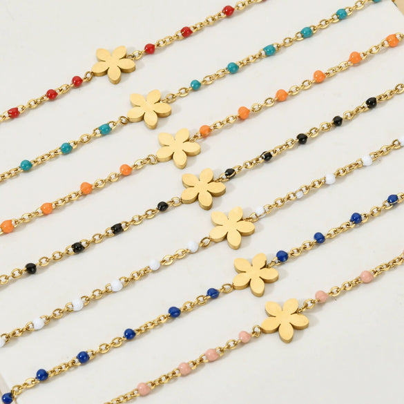 Wholesale Simple Drop Oil Rice Beads Bohemian Bracelet With Plum Blossom Pattern Stainless Steel Material Gold Plated