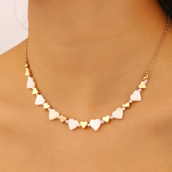 Wholesale Simple Electroplated Zinc Alloy Heart Beaded Necklace And Bracelet Set For Women