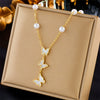 Wholesale Simple Elegant Retro Titanium Steel Necklace With Pearl Butterfly Pendant Tassel Design Geometric Pattern Electroplating