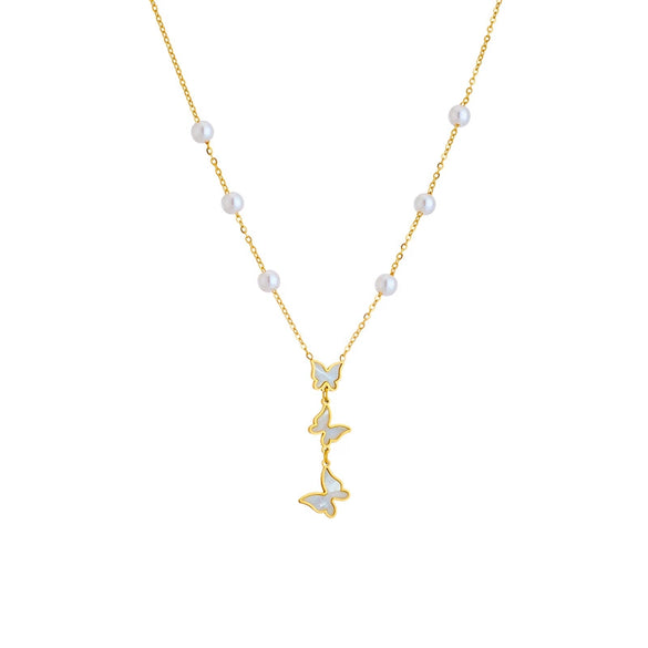 Wholesale Simple Elegant Retro Titanium Steel Necklace With Pearl Butterfly Pendant Tassel Design Geometric Pattern Electroplating