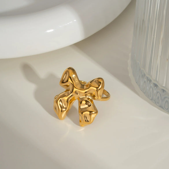 Wholesale Simple Fashion Bow Open Ring With Pearl Light Luxury Geometric Stainless Steel Jewelry Pvd Furnace Vacuum Real Gold Plated