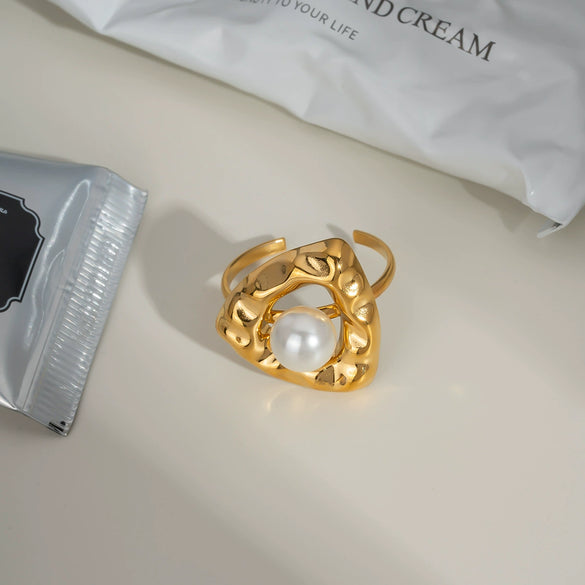 Wholesale Simple Fashion Bow Open Ring With Pearl Light Luxury Geometric Stainless Steel Jewelry Pvd Furnace Vacuum Real Gold Plated