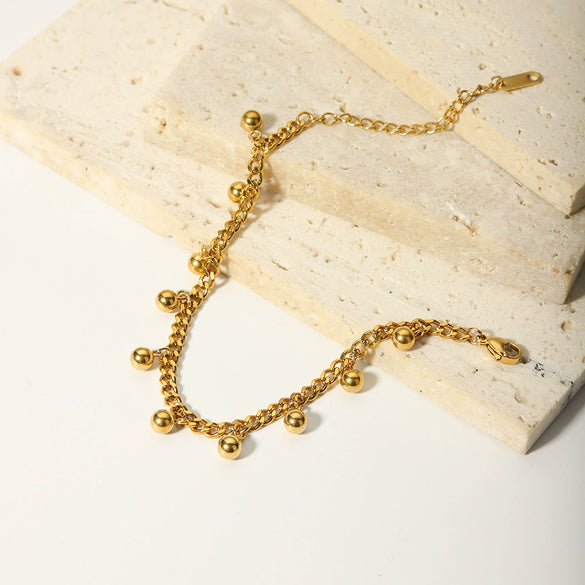 Wholesale Simple Fashion Geometric Stainless Steel Round Bead Cuban Chain Bracelet With Pvdp Furnace Real Gold Treatment