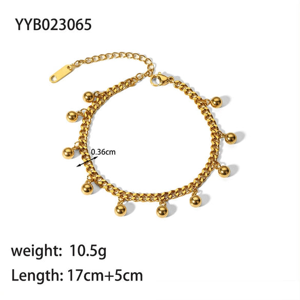 Wholesale Simple Fashion Geometric Stainless Steel Round Bead Cuban Chain Bracelet With Pvdp Furnace Real Gold Treatment