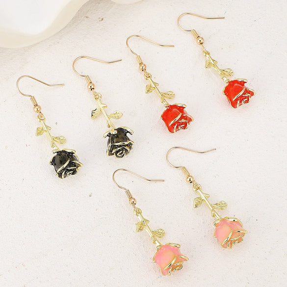 Wholesale Simple Fashion Rose Flower Earrings For Women Zinc Alloy Set With Diamonds