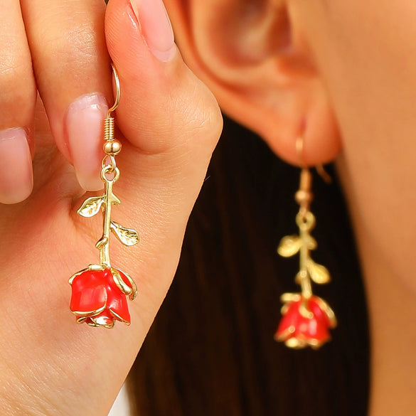 Wholesale Simple Fashion Rose Flower Earrings For Women Zinc Alloy Set With Diamonds