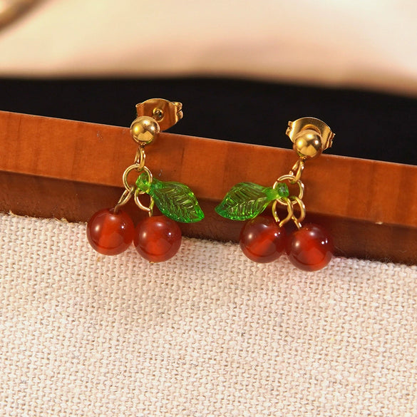 Wholesale Simple Fruit Pattern Electroplated Stainless Steel Jewelry Set Including Cherry Necklaces And Earrings For Women