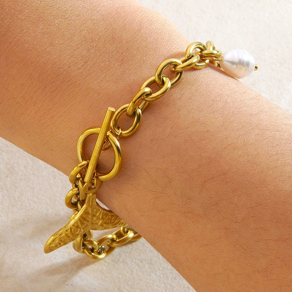 Wholesale Simple Geometric Animal Zodiac Stainless Steel Electroplated Fishtail Pearl Ot Buckle Bracelet For Women