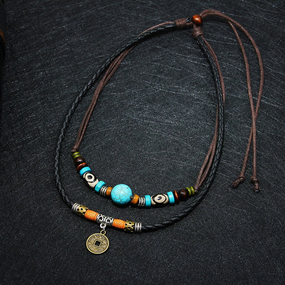 Wholesale Simple Geometric Coin Pendant Necklace Jewelry With Alloy Pendant Cowhide Wax Rope Weaving Chain And Polishing Treatment For Unisex