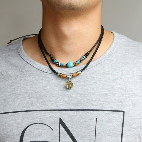 Wholesale Simple Geometric Coin Pendant Necklace Jewelry With Alloy Pendant Cowhide Wax Rope Weaving Chain And Polishing Treatment For Unisex