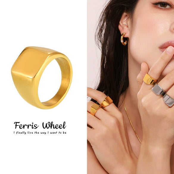 Wholesale Simple Geometric Ferris Wheel Square Titanium Steel Ring Electroplated 18K Gold For Men And Women