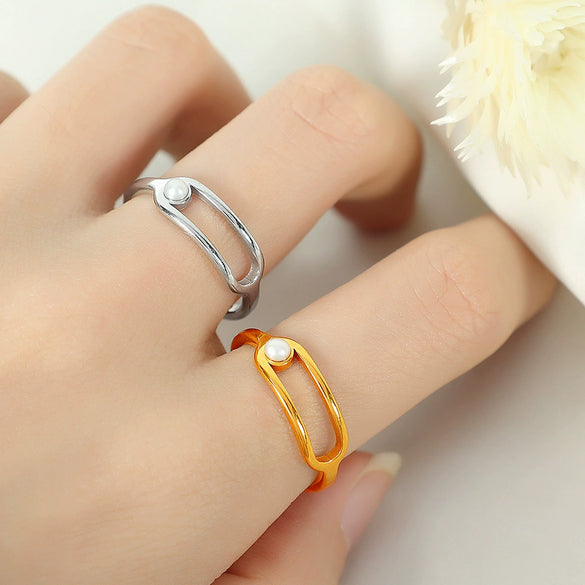 Wholesale Simple Geometric Imitation Pearl Ring 316L Stainless Steel Gold Plated For Women