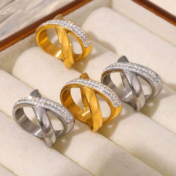 Wholesale Simple Geometric Irregular Xshaped Titanium Steel Electroplated 18K Gold Diamond Ring For Women