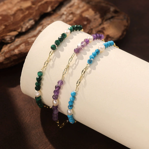 Wholesale Simple Geometric 925 Silver Electroplated Bracelet With Freshwater Pearl And Amethyst For Women