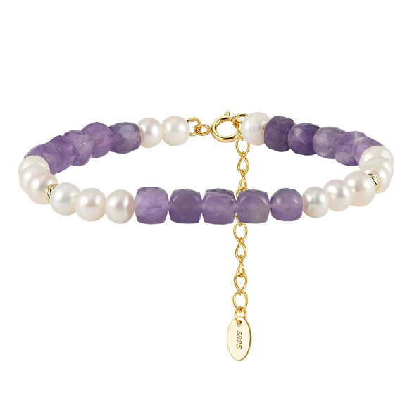 Wholesale Simple Geometric Silver Electroplated Freshwater Pearl And Natural Amethyst Bracelet For Women Highend Jewelry New Style