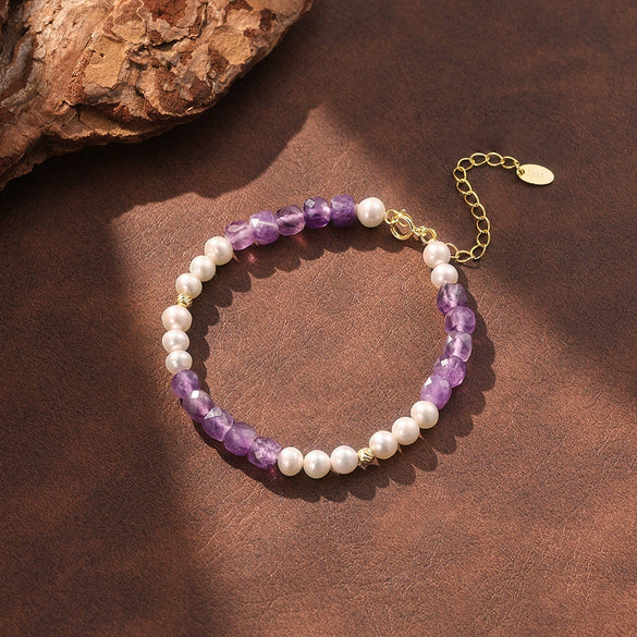 Wholesale Simple Geometric Silver Electroplated Freshwater Pearl And Natural Amethyst Bracelet For Women Highend Jewelry New Style