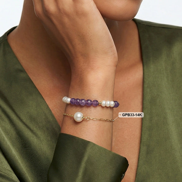 Wholesale Simple Geometric Silver Electroplated Freshwater Pearl And Natural Amethyst Bracelet For Women Highend Jewelry New Style