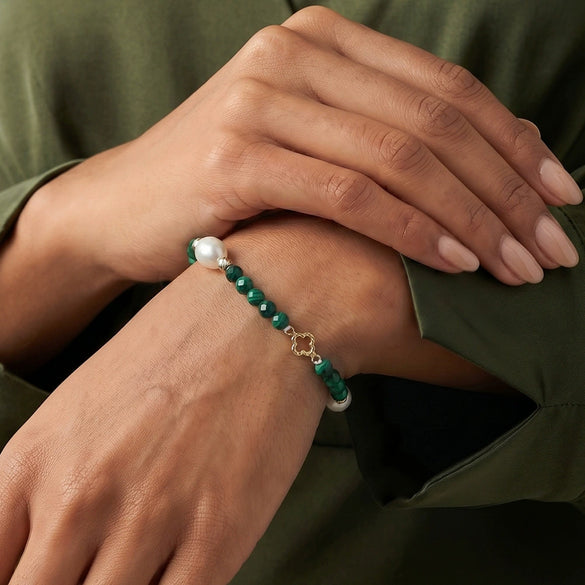 Wholesale Simple Geometric Silver Electroplated Freshwater Pearl Crystal Natural Stone Lapis Lazuli Malachite Bracelet For Women