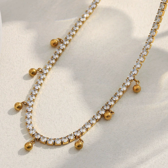 Wholesale Simple Geometric Stainless Steel And Titanium Steel 18K Gold Plated Zircon Ball Tassel Necklace And Bracelet Set For Women