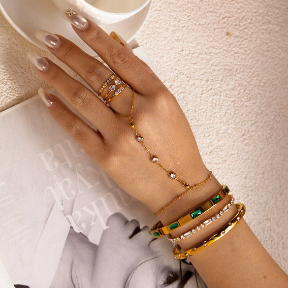 Wholesale Simple Geometric Stainless Steel Electroplated Flowerembellished Zircon Multilayer Finger Chain Stackable Bracelet For Women