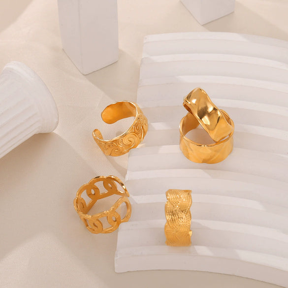 Wholesale Simple Geometric Texture Titanium Steel Gold Plated Wide Open Ring For Unisex