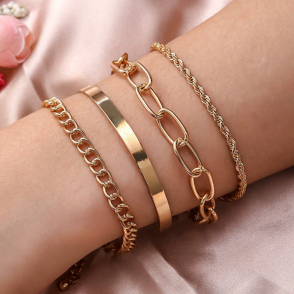 Wholesale Simple Gold Thick Chain Bracelet Set Alloy Geometric Stacking Style Electroplated 4Piece Unisex Bracelet Set