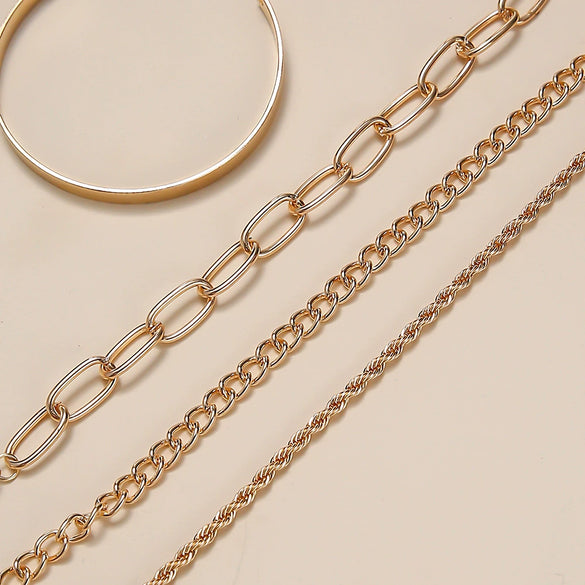 Wholesale Simple Gold Thick Chain Bracelet Set Alloy Geometric Stacking Style Electroplated 4Piece Unisex Bracelet Set