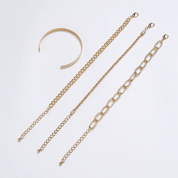 Wholesale Simple Gold Thick Chain Bracelet Set Alloy Geometric Stacking Style Electroplated 4Piece Unisex Bracelet Set