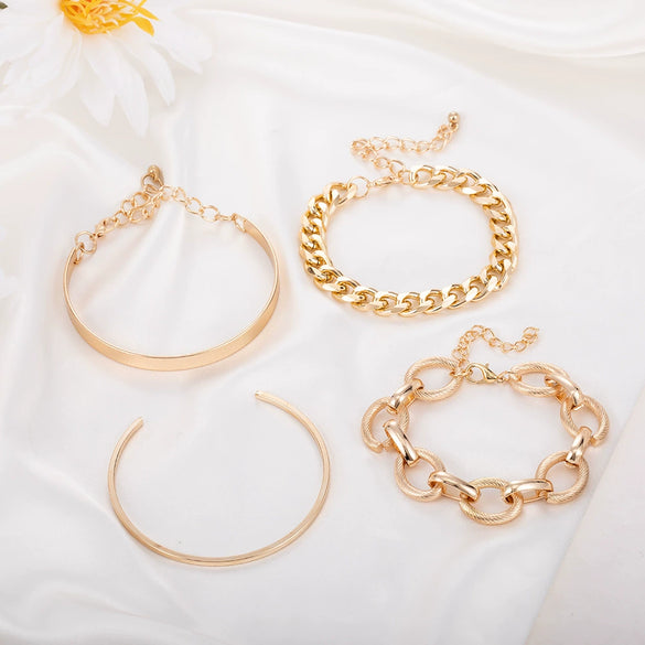 Wholesale Simple Golden Wide Open 4Piece Set Alloy Bracelet Jewelry With Geometric Style And Electroplating Treatment