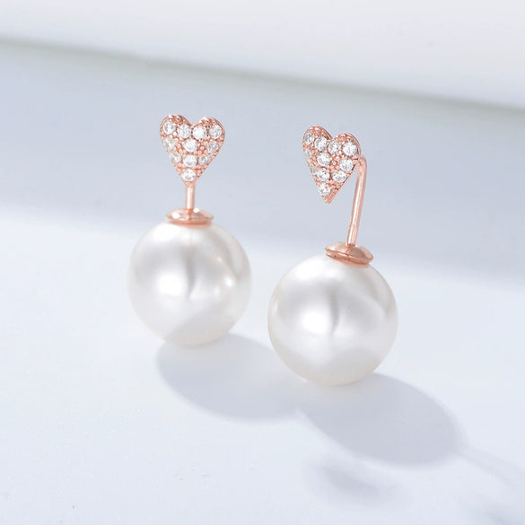 Wholesale Simple Heartshaped Diamondset Pearl Earrings For Women Made Of 925 Sterling Silver