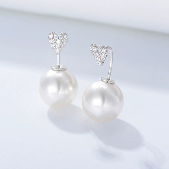 Wholesale Simple Heartshaped Diamondset Pearl Earrings For Women Made Of 925 Sterling Silver