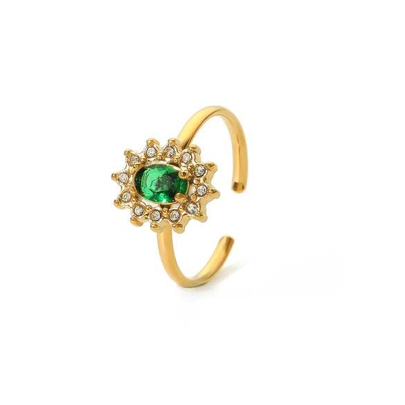Wholesale Simple High End Stainless Steel Open Ring With Sunflower And Geometric Emerald Zircon For Women