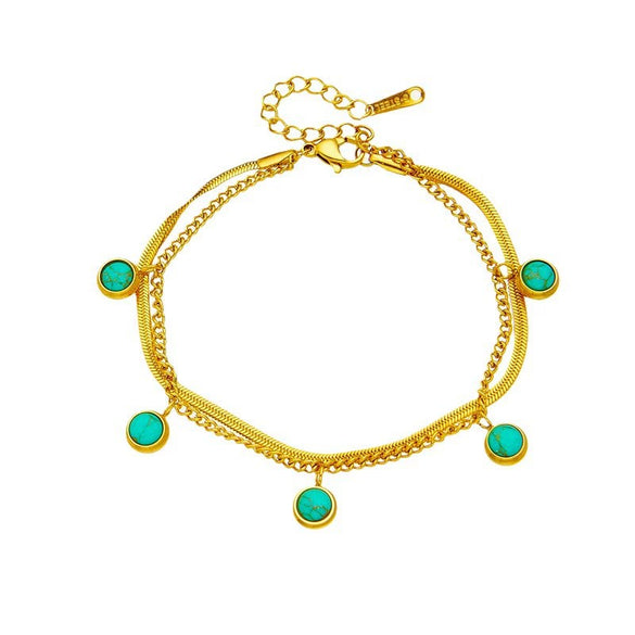 Wholesale Simple High Grade Round Beads Blue Pine Stone Pendant Double Layer Stacked Titanium Steel Bracelet With Geometric Pattern And Electroplating For Women