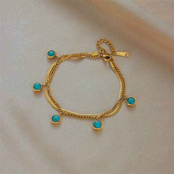 Wholesale Simple High Grade Round Beads Blue Pine Stone Pendant Double Layer Stacked Titanium Steel Bracelet With Geometric Pattern And Electroplating For Women