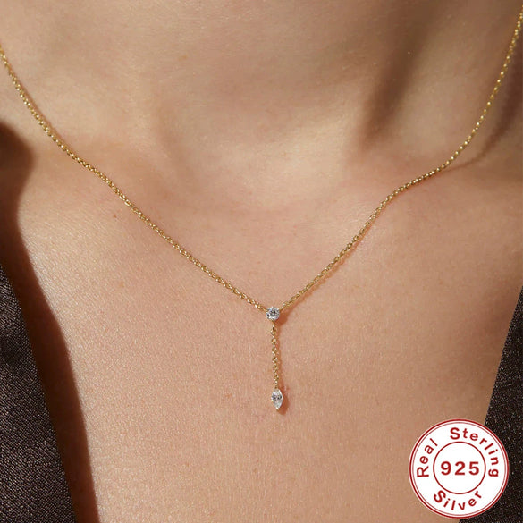 Wholesale Simple Ins Style S925 Sterling Silver Y Shaped Diamond Zircon Tassel Pendant Necklace With Electroplating For Women